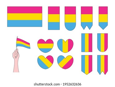 conjunto de banderas de orgullo pansexual lgbt, corazones y símbolos, ilustración vectorial
