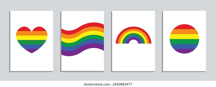 Conjunto de carteles o postales LGBT con banderas de arco iris, símbolos. Estampados de celebración del mes del orgullo. Orgullo gay. Ilustración vectorial