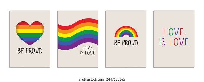 Conjunto de afiches LGBT con banderas de arco iris, símbolos. Estampados de celebración del mes del orgullo. Orgullo gay. Citas dibujadas a mano El amor es amor, sé orgulloso. Ilustración vectorial