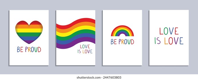 Conjunto de afiches LGBT con banderas de arco iris, símbolos. Estampados de celebración del mes del orgullo. Orgullo gay. Citas dibujadas a mano El amor es amor, sé orgulloso. Ilustración vectorial