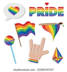 Set of LGBT pride elements in cartoon style. Vector illustration of color symbols of flag, rainbow, pride lettering, heart, diamond, horn gesture isolated on white background.