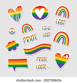 Set Of LGBT Pride Elements. Human Rights And Tolerance.  LGBT Sticker Set On Grey Background With Light Shadow. LGBTQ+ Related Symbol In Rainbow Colors.