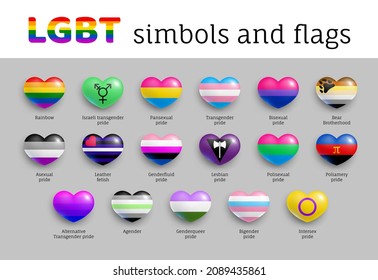 Juego de banderas del orgullo LGBT con forma de corazón. Diferentes orientaciones sexuales, insignias oficiales, símbolos de comunidades ilustraciones vectoriales realistas. Tolerancia, libertad, derechos, igualdad botones 3d