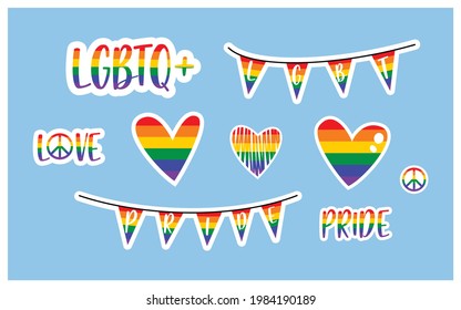 Set of LGBT Pride - flags, hearts, and hippy peace symbol. Human rights and tolerance.  LGBT sticker set. Community Pride Month.  LGBTQ+ related symbol in rainbow colors.
