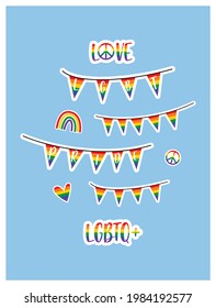 Set of LGBT Pride - flags, rainbow, hearts, peace symbol. Human rights and tolerance.  LGBT sticker set. Community Pride Month.  LGBTQ+ related symbol in rainbow colors.