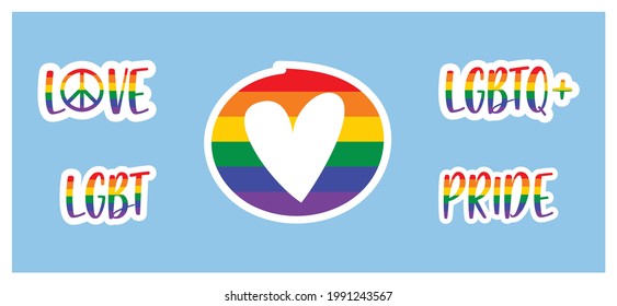 Set of LGBT Pride. Human rights and tolerance.  LGBT sticker set. Community Pride Month.  LGBTQ+ related symbol in rainbow colors.