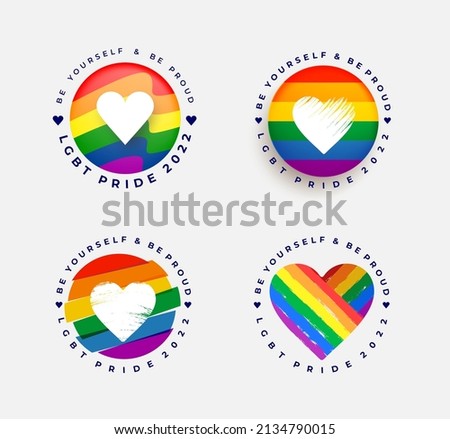 Set of LGBT Pride Logo. 2022 Pride badge logo with LGBT rainbow flag heart. Be Proud text. Creative design element for Pride month june logo. Vector banner, social media post template, web, poster.