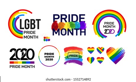 Set of LGBT Pride Month 2020. Celebrated annual. LGBT flag brush stroke. Pride day line abstract logo. Human rights and tolerance. Vector illustration isolated on white background.