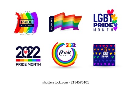 Set of LGBT Pride Month 2022. Celebrated annual. LGBT flag brush stroke. Pride day line abstract logo. Human rights and tolerance. Collection of 2022 vector illustration isolated on white background.