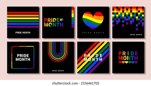 Set LGBT Pride Month banner  Collection modern black templates square banner and Rainbow colors   Geometric shapes for LGBT Pride Month  Vector illustration 