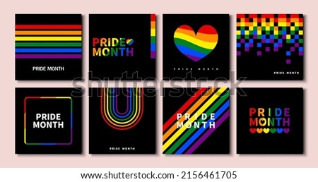 Set of LGBT Pride Month banner. Collection of modern black templates square banner with Rainbow colors and Geometric shapes for LGBT Pride Month. Vector illustration.