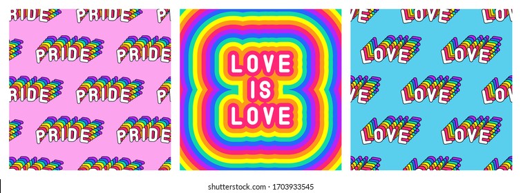 Set of LGBT pride month poster and 2 seamless patterns with rainbow-colored patches “Love“ and "Pride". Vector illustrations.