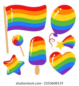 Set of LGBT Pride symbols - flag, ballon, heart, star, flower,ice cream and candy, isolated on white background. Rainbow colored elements of LGBT community. Vector illustration for Pride Month design.