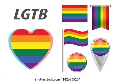 Set of LGBT related symbols in rainbow colors. Pride, freedom flags, heart, pointer, button, waving and hanging flag. LGBT collection of symbols, icons and logos with rainbow. Vector illustration. EPS