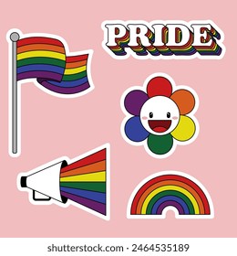 Set von LGBT-Aufkleber-Symbol. Pride Month und Diversity-Konzept mit Regenbogenfahne, Blume, Megaphon flach Design-Stil, Vektorillustration