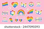 Set of LGBT sticker on pink background. Symbol of the LGBTQ community. Pride month stickers. LGBT rainbow flag. Vector collection of LGBT flat style icons.