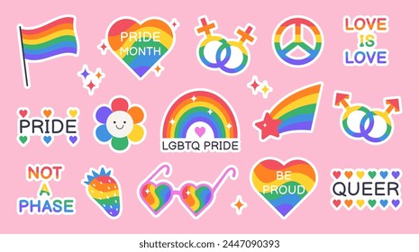 Set of LGBT sticker on pink background. Symbol of the LGBTQ community. Pride month stickers. LGBT rainbow flag. Vector collection of LGBT flat style icons.