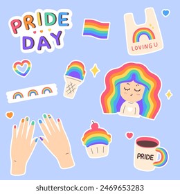 Set of LGBT sticker. Pride Day. Vector illustration in hand drawn style. LGBT flat style icons. LGBTQ pride community rainbow elements.