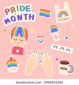 Set von LGBT-Aufkleber. In: Pride Month. Vektorillustration im handgezeichneten Stil. LGBT-Symbole im flachen Stil. In: LGBTQ Pride Community Rainbow Elemente.