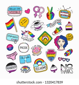 Set of LGBT symbols in cartoon style. Collection of isolated patches and cute badges. LGBT pride concept with motivational phrases. Great for stickers, badges, embroidery.