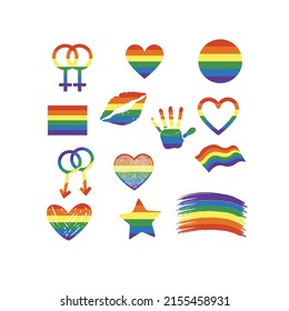 A set of LGBT symbols with a pride flag, different hearts, a rainbow. Pride Month Stickers. Symbols of the gay pride parade. A set of LGBTQ badges.