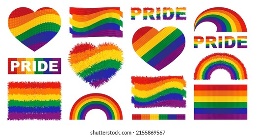 Set of LGBT symbols. Rainbow flag and heart. Pride Month. Celebrated annual. LGBT flag brush stroke.  Human rights and tolerance. Vector logo illustration isolated on white background.