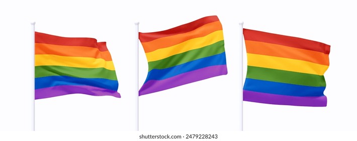 Conjunto de LGBT, ondeando la bandera en el asta de la bandera. Bandera de diseño 3d realista vuela en el viento sobre fondo blanco aislado. Ilustración vectorial