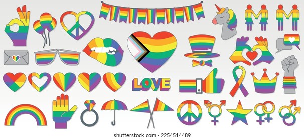 Set of LGBTIQ icons and design elements with the colors of the rainbow flag on white background. Vector image