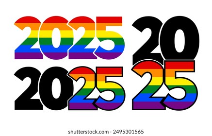 Set of LGBTQ 2025 rainbow logos. Vector symbol of Pride Month support.	