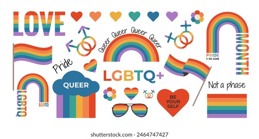 Set von LGBTQ-Clipart mit Regenbogen-Fahne Elemente, Geschlechterzeichen, Pride-Monatszeichen, Slogan und Phrasen. Schwulenparade feiern. Vektorillustration