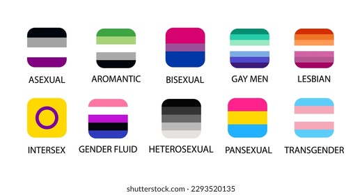 Set of lgbtq community square flags. LGBT Pride Month illustrations, LGBTQ concept. Gender equality and sexual identity, support for homosexuality. Square icons set for International lgbt Pride Day.