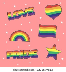 Set of LGBTQ community stickers with flag, star and heart shapes with rainbow colors. Pride month symbols and slogan. Gay parade icons. 