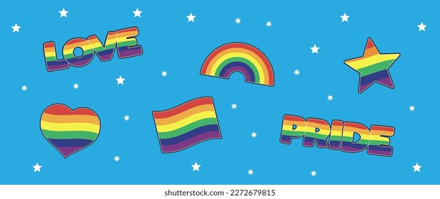 Set of LGBTQ community stickers with flag, star and heart shapes with rainbow colors. Pride month symbols and slogan. Gay parade icons. 