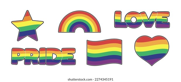 Set of LGBTQ community stickers with flag, star and heart shapes with rainbow colors. Pride month symbols and slogan. Gay parade icons. 