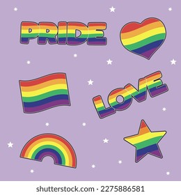 Set of LGBTQ community stickers with flag, star and heart shapes with rainbow colors. Pride month symbols and slogan. Gay parade icons. 