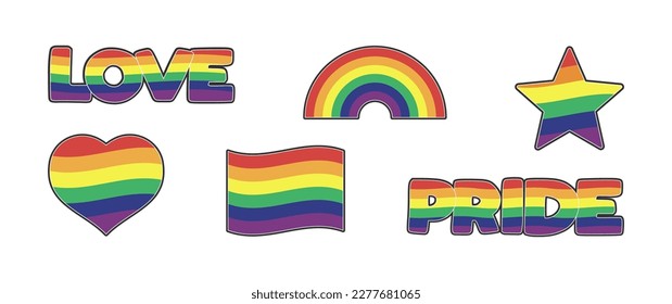 Set of LGBTQ community stickers with flag, star and heart shapes with rainbow colors. Pride month symbols and slogan. Gay parade icons. 