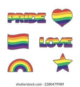 Set of LGBTQ community stickers with flag, star and heart shapes with rainbow colors. Pride month symbols and slogan. Gay parade icons. 