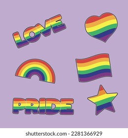 Set of LGBTQ community stickers with flag, star and heart shapes with rainbow colors. Pride month symbols and slogan. Gay parade icons. 