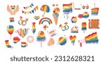 Set of LGBTQ community symbols with bright multicolored rainbow flag elements. Symbols of pride, tolerance, gender signs. Gay parade clockwork holiday.