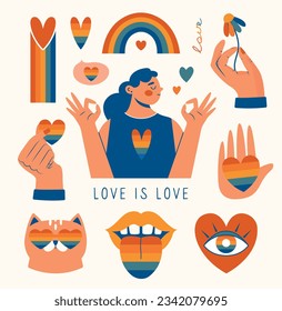 Set of LGBTQ community symbols with girl showing ok sign, tongue out, rainbow, cat, flowers, hands gestures. Pride month stickers. LGBT flat style icons collection. Gay parade groovy celebration. 