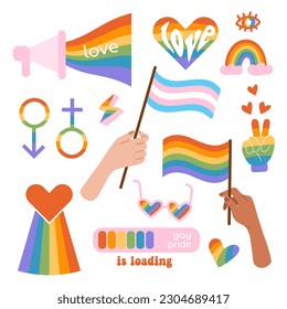 Set of LGBTQ community symbols with pride flags, gender signs, rainbow colored summer sumglasses, megaphone and loading bar. Pride month hand drawn elements concept. Gay parade symbols. Flat vector.