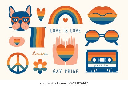 Set of LGBTQ community symbols with pride flags, retro rainbow, cassette tape, colored elements. Pride month stickers. Gay parade groovy celebration. LGBT flat style icons and emblem collection.