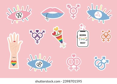 Set of LGBTQ community symbols. Pride month sticker pack set. 