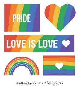 Set of LGBTQ icons and symbols. Heart in LGBTQ colors, love is love, LGBTQ rainbow vector