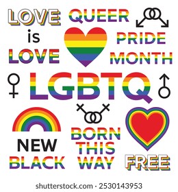 Conjunto de símbolos e ícones da bandeira do orgulho LGBTQ arco-íris