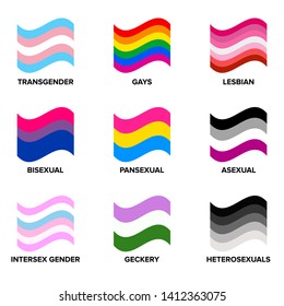 Set of LGBTQ Pride Flags. Gays, lesbians, asexuals, transsexuals, hermaphrodites, transgender people. Official symbols of the community. Against discrimination