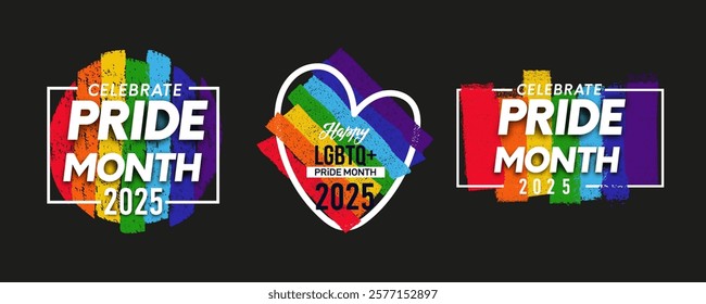 Set of LGBTQ Pride Month 2025 rainbow logo. LGBTQ rainbow flag. Template 2025 logo lesbian, gay, bisexual, transgender concept. Vector symbol of Pride Month support.