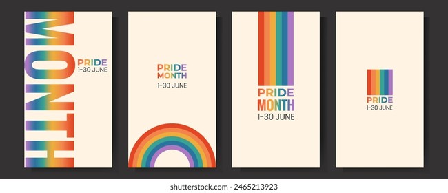 Set of LGBTQ pride month vertical banner, card, poster template with rainbow flag. Gay parade celebration. Vector illustration on beige background