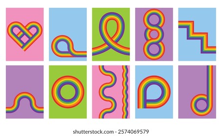 Set of LGBTQ+ rainbow posters. Arch or midcentury cards or backgrounds. Bright collection of different rainbow shapes. Red, orange, yellow, green, blue, purple textured stripes. Gay pride LGBT flag.