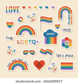 Set von LGBTQ-Aufkleber mit Regenbogen-Fahne Elemente, Geschlechterzeichen, Pride-Month-Symbole, Slogan und Phrasen. Schwulenparade feiern. Vektorillustration